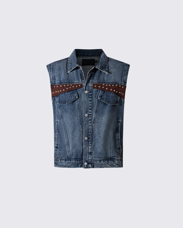Leather Patch Studded Denim Vest