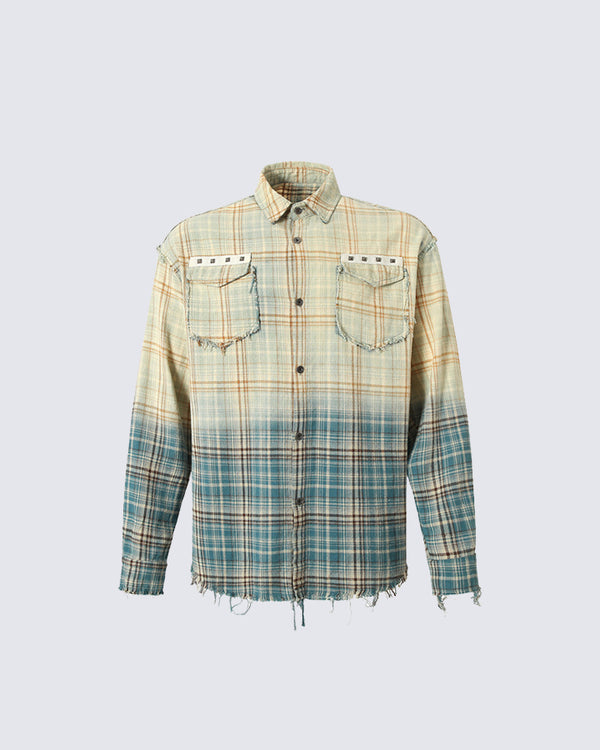 Gradient Distressed Frayed Plaid Shirt