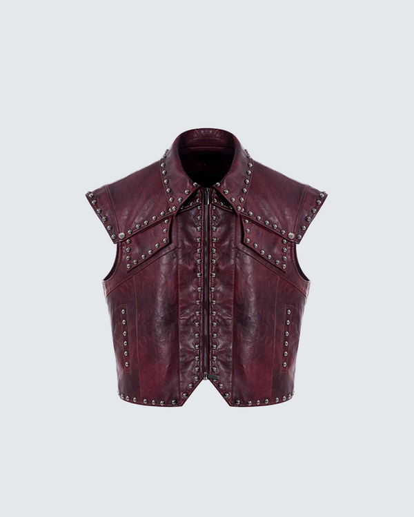 Burgundy Studded Leather Vest