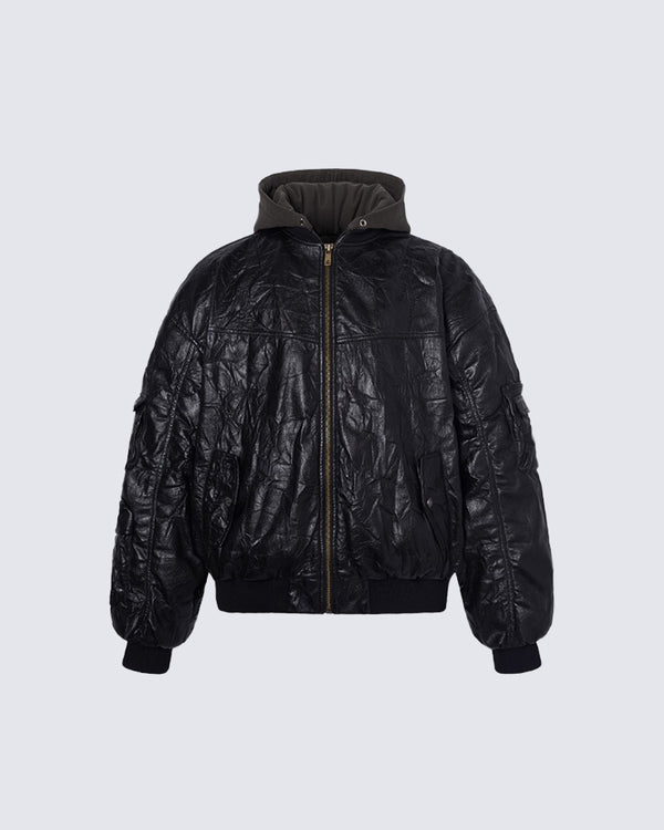 Crinkled Faux Leather Quilted Bomber Jacket