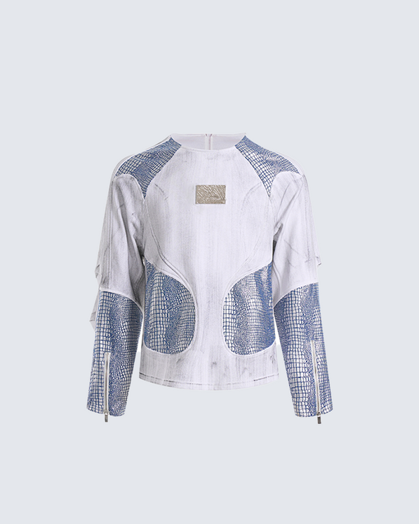 Blue Crocodile Print White Long Sleeve T-Shirt