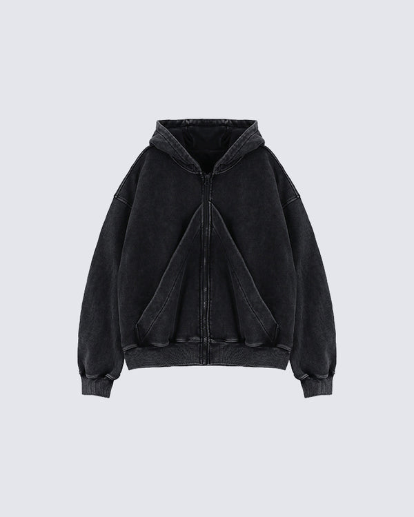 Washed Cut Design Hooded Zip-up Hoodie