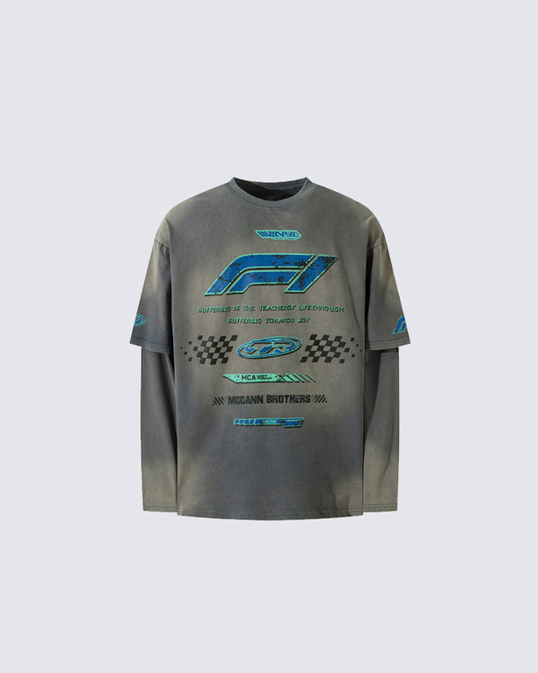 Racing Style Fake Two-Piece Long-Sleeved T-Shirt