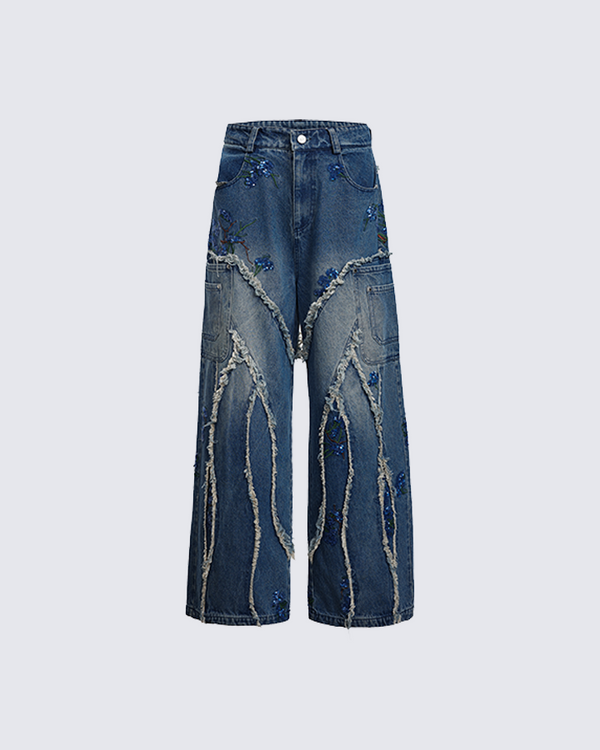 Embroidered Distressed Wide-Leg Denim Jeans