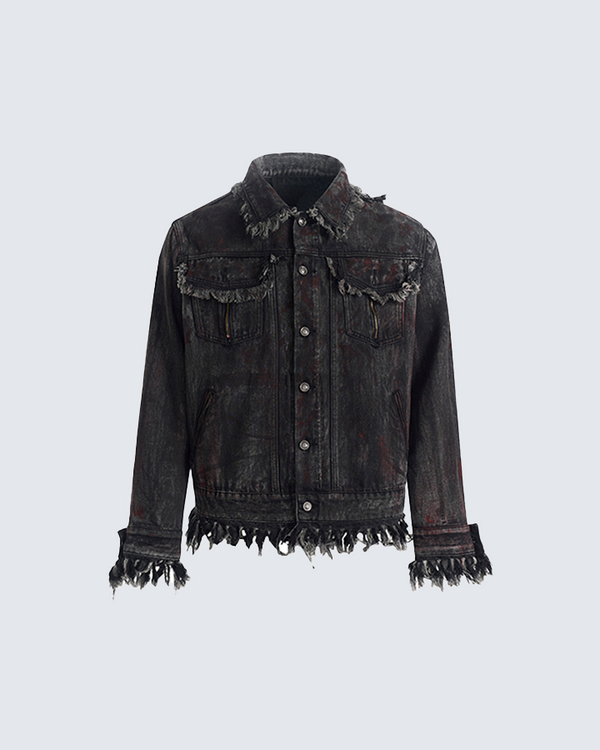 Distressed Black Denim Jacket with Frayed Edges