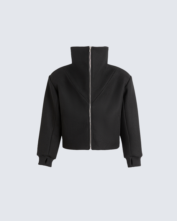 Black High Collar Zip-Up Jacket