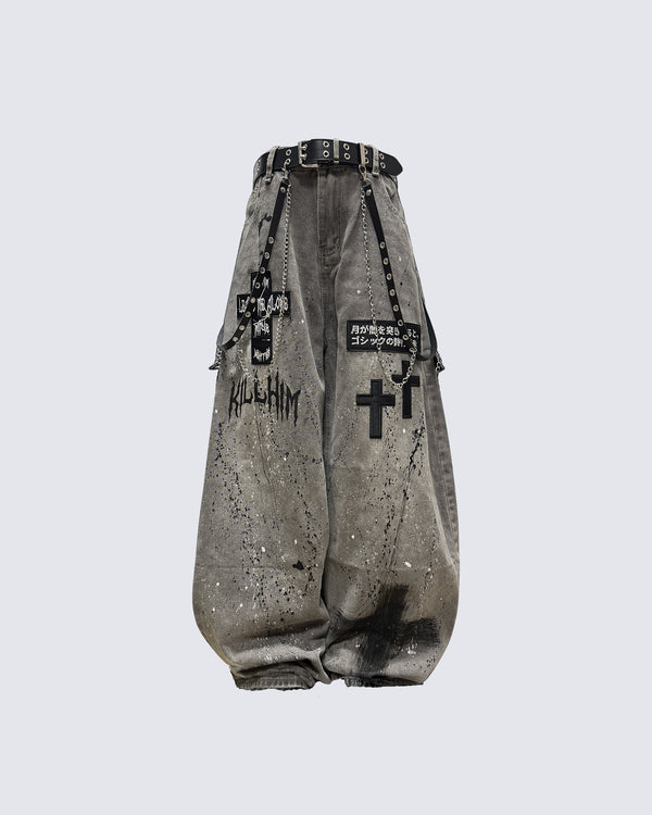 Distressed Paint-Splatter Patchwork Wide Jeans