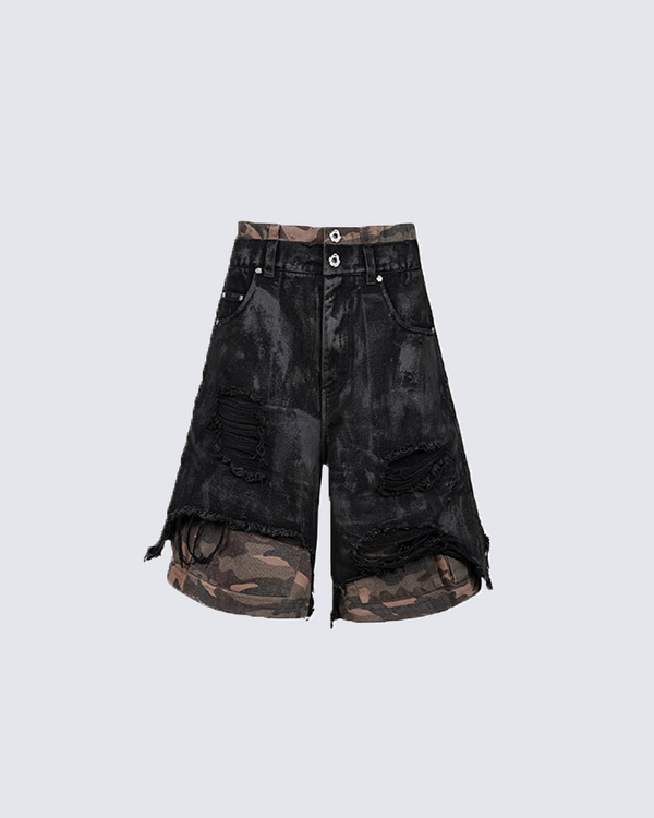 Black Denim Camo Distressed Shorts