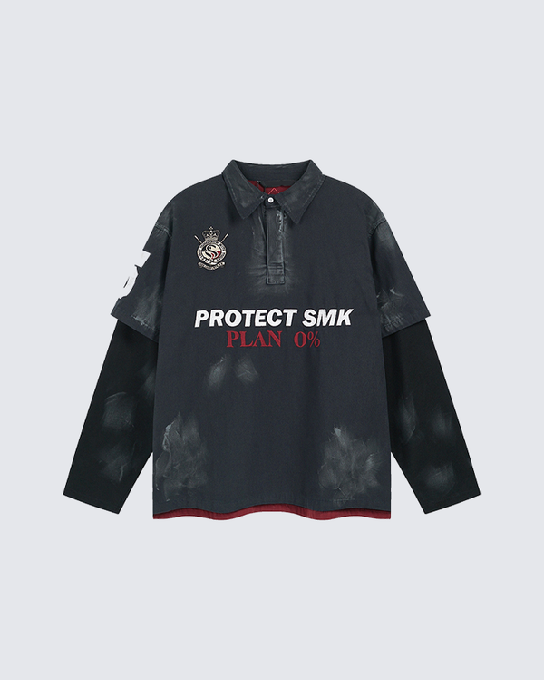 Colorblock Polo Shirt with Graffiti Print and Layered Sleeves