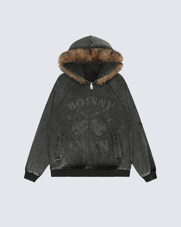 Washed Guitar Print Zip-up Fur Hooded Hoodie