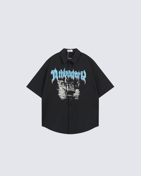 "Dthvagary" Graphic Button-Up Shirt - Black & White
