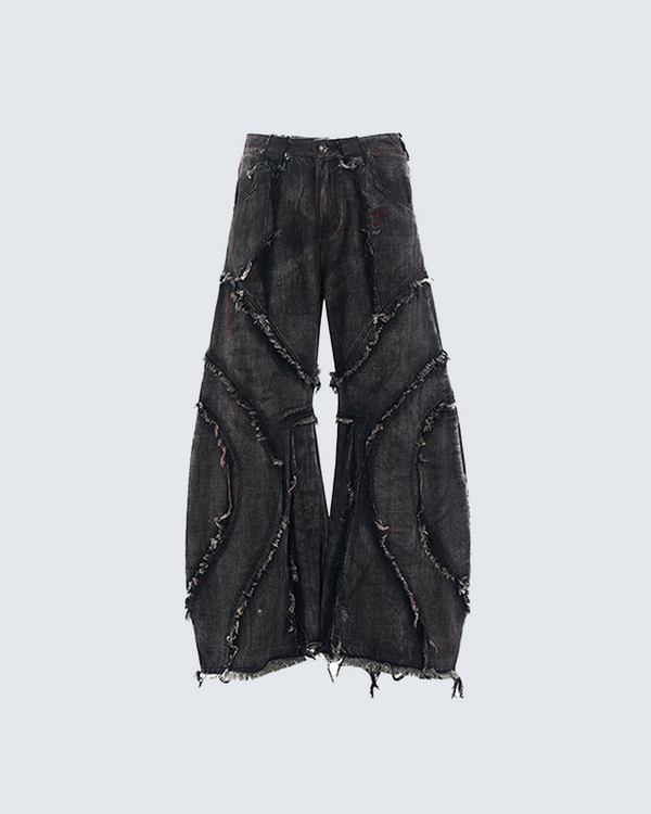 Distressed Black Denim Wide-Leg Pants with Frayed Details