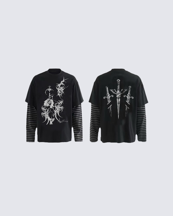 Graphic Print Layered Long-Sleeve Shirt with Swords Design