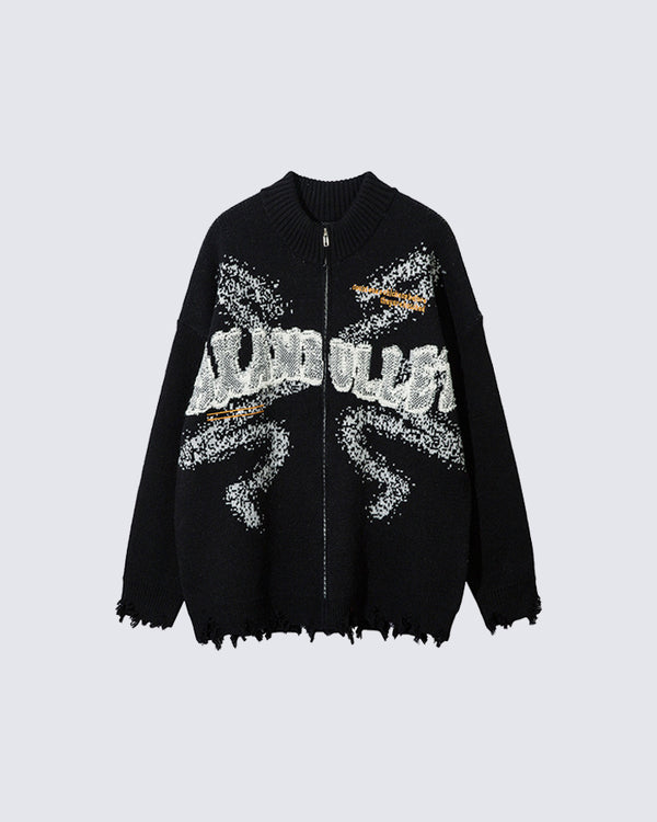 Distressed Lettering Zip-Up Knit Jacket