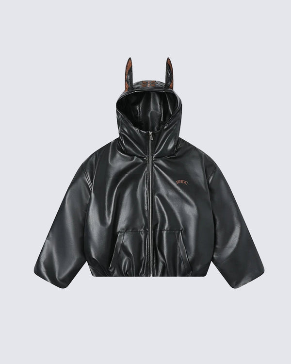 Doberman-Ear Oversized PU Puffer Jacket