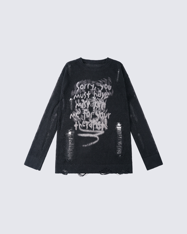 Graffiti Text Distressed Knit Sweater