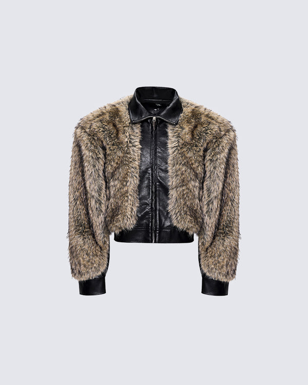 Short Faux Fur & Leather Patchwork Jacket