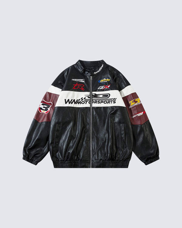 Racing-Style PU Patchwork Biker Jacket