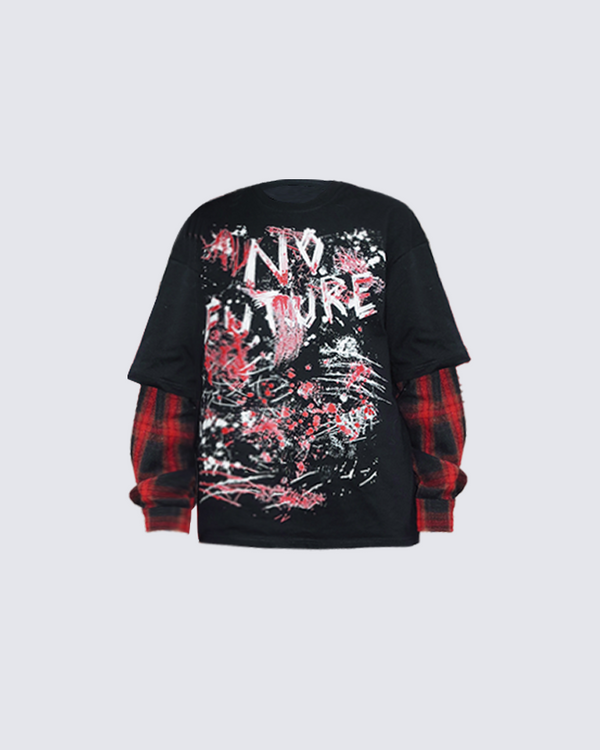 Red Plaid Dark Fake Two-Piece Long Sleeve T-shirt