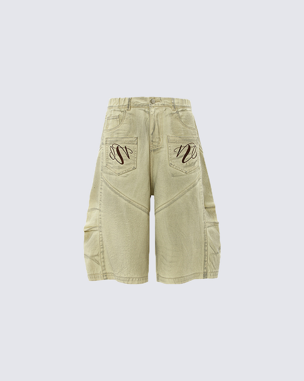 Washed Beige Cargo Shorts with Embroidered Logo