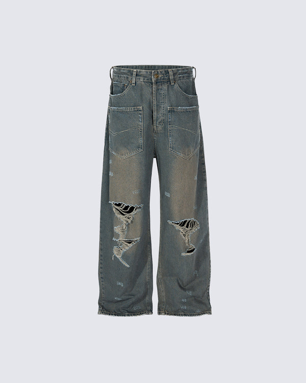 High Street Inside-Out Pocket Distressed Mud-Dye Baggy Jeans
