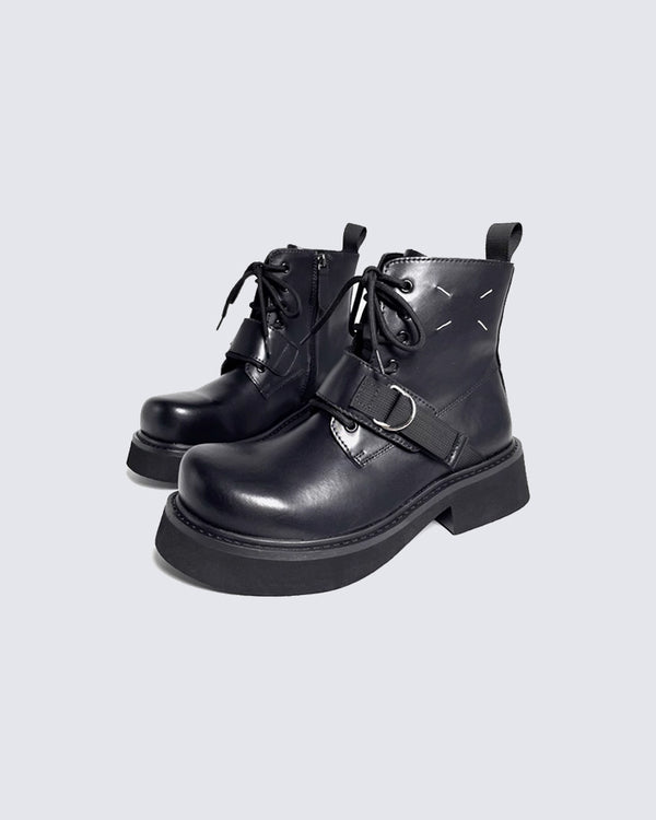 Retro Buckled Platform Leather Boots