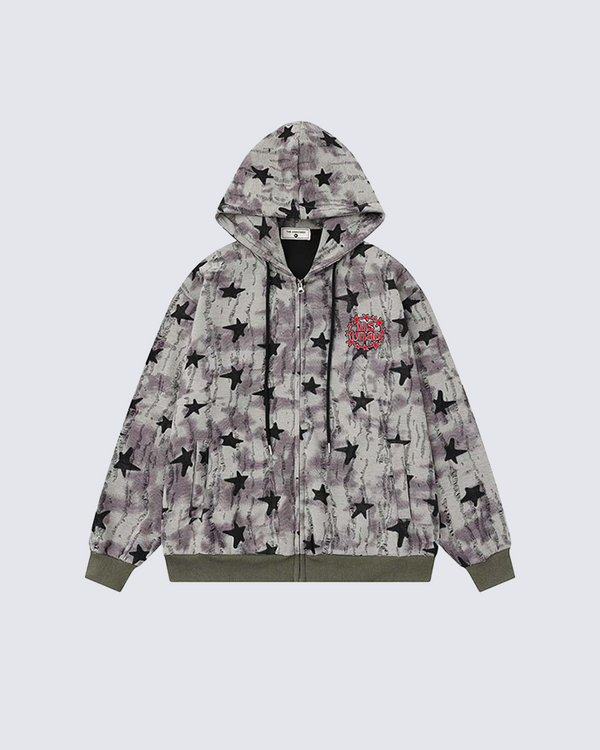Star Pattern Distressed Zip-Up Hoodie