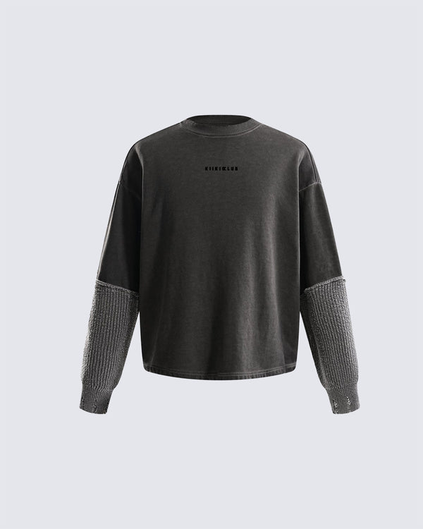 KIIKIOCLUB Embroidery Vintage Knit-Sleeve Sweatshirt