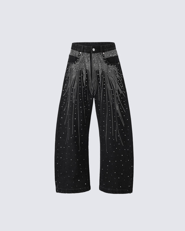 Washed Wide-Leg Pearl Rhinestone Stacked Jeans