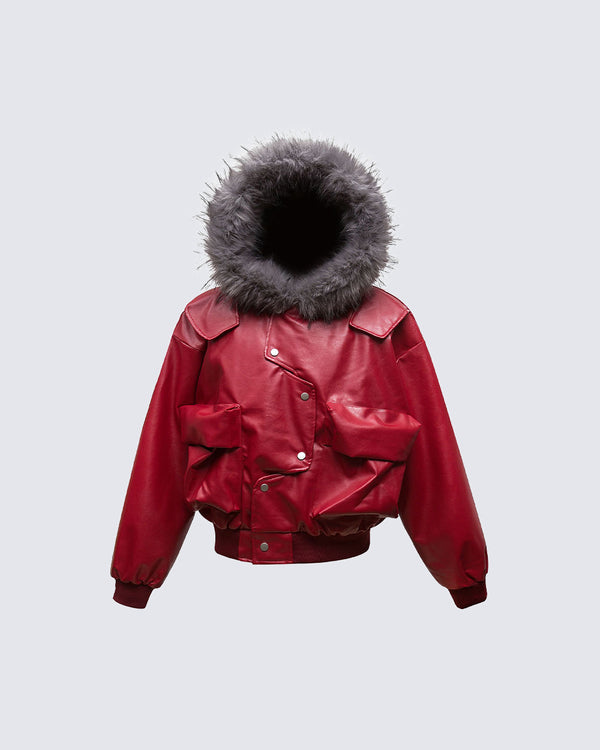Fur-Collar Hooded PU Leather Jacket