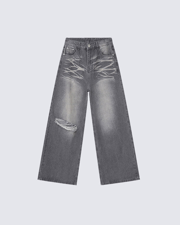 Washed Distressed Straight-Leg Wide-Leg Jeans