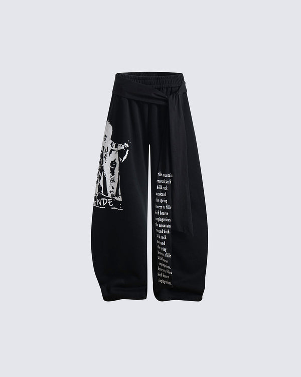 Printed Curved Seam Wide Leg Drawstring Pants
