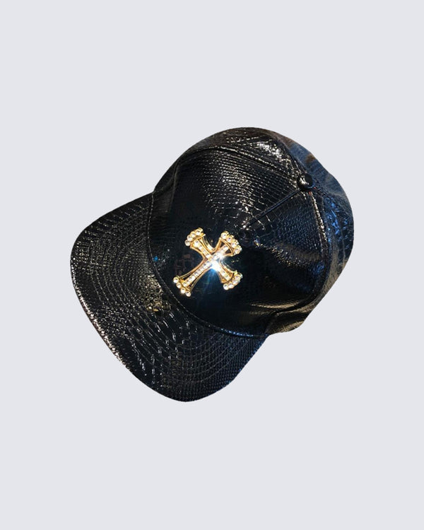 Crystal-Embellished Crocodile-Pattern Cap