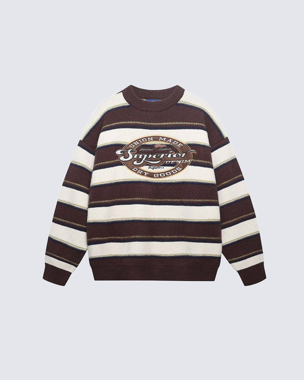 Letter Applique Embroidered Striped Color-Block Crewneck Sweater