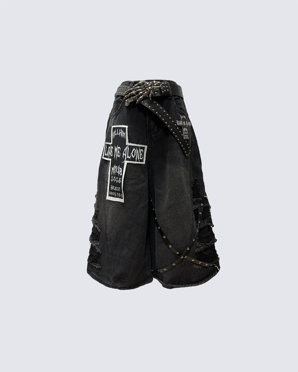 Dark Avant-Garde Distressed Patchwork Denim Shorts