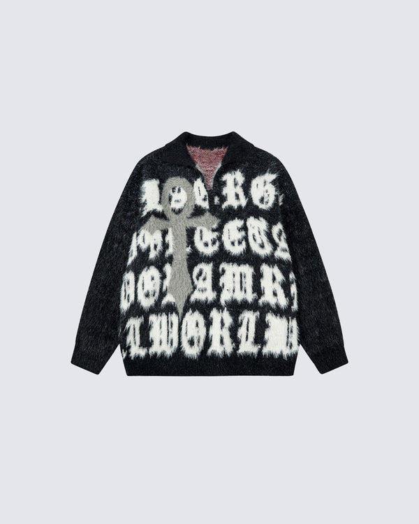 Sanskrit Gothic Letter Jacquard Lapel Knit Sweater