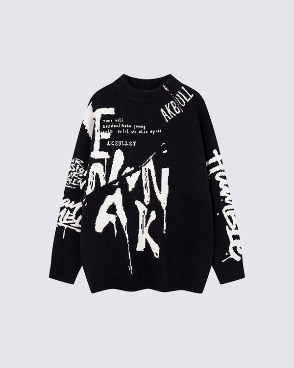 Graffiti Letter Color-Block Jacquard Knit Sweater