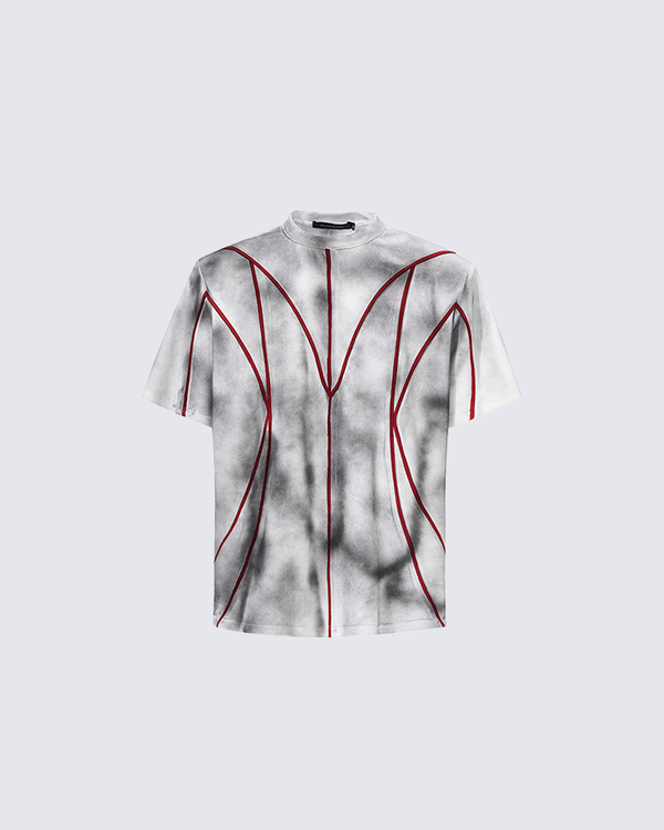 Abstract Red Line Graphic Mock Neck T-Shirt