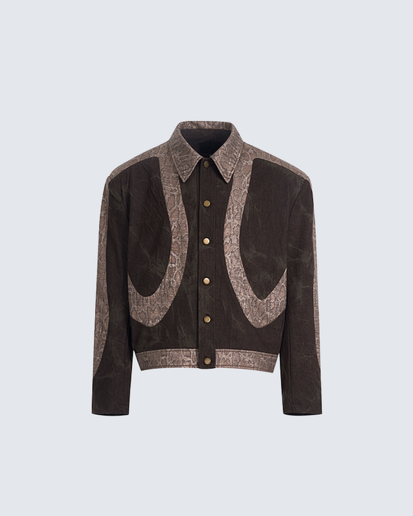 Vintage-Inspired Brown Jacket with Snake Print Accents