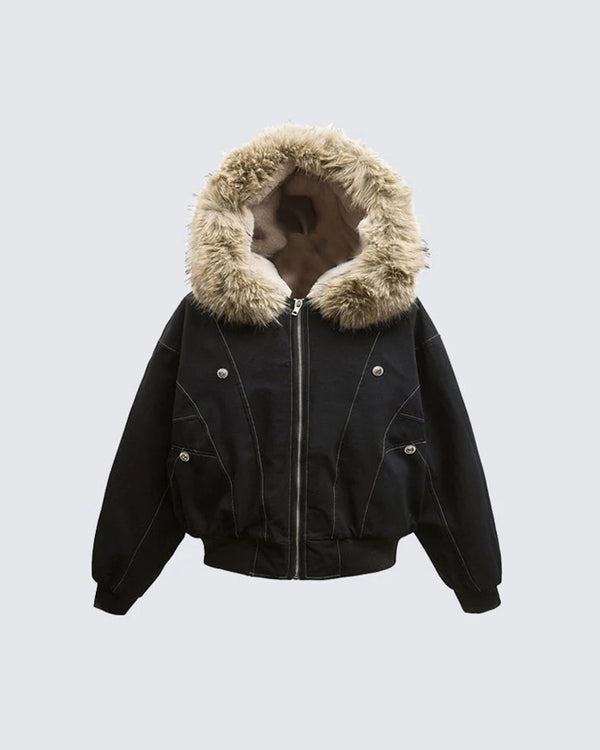 Vintage Hooded Fur Collar Jacket