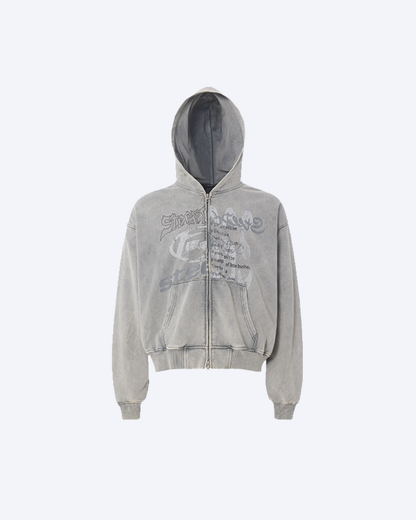 Vintage Washed Graphic Zip-Up Hoodie – Ash Grey