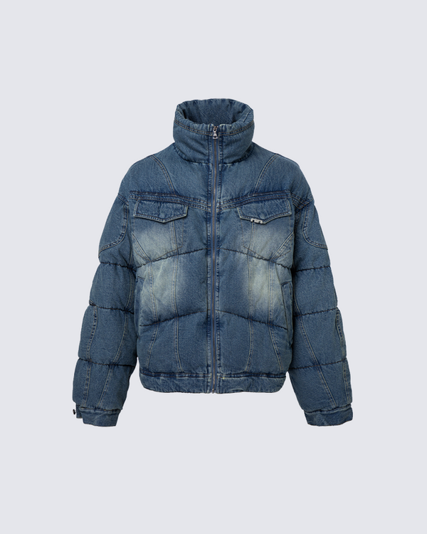 Washed Vintage Denim Puffer Jacket