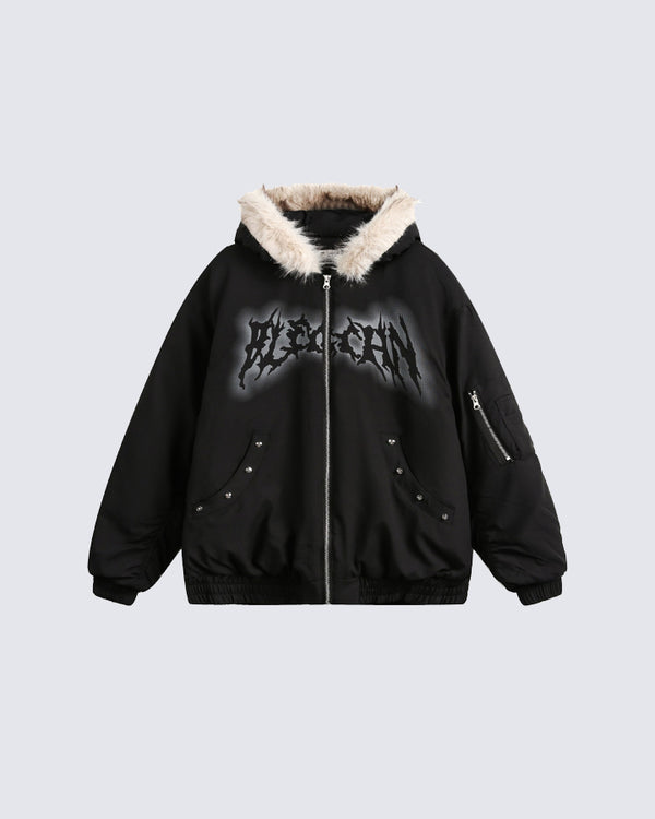 Padded Letter Print Hooded Jacket