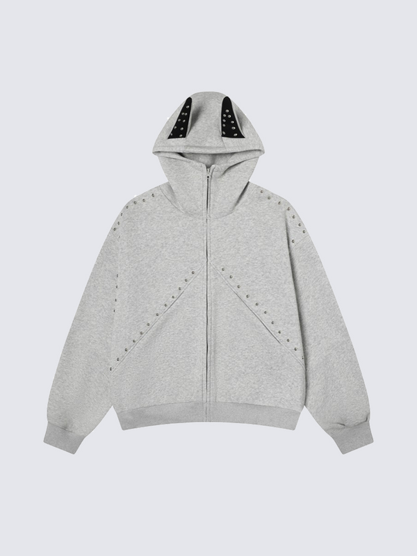 Horned Studded Zip-Up Hoodie with Ear Detail