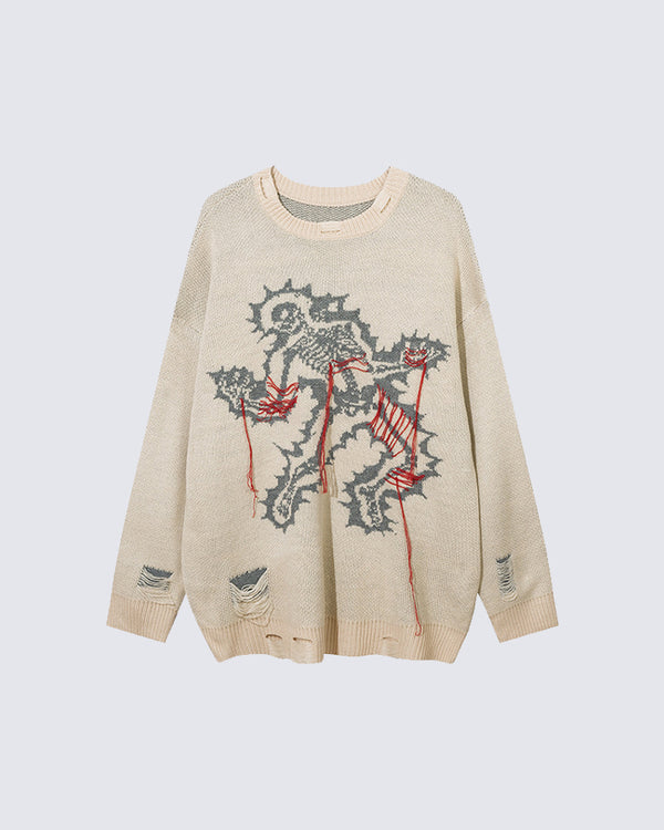 Embroidered and Distressed Design Sweater