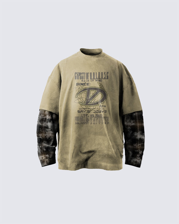 Patchwork Print Design Long-Sleeve T-Shirt