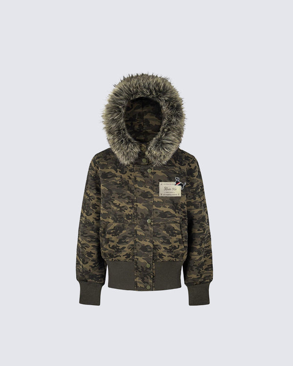 Camo Fur-Trim Thin Hooded Short Jacket