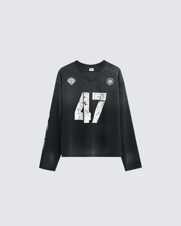 "47" Grunge Graphic Long Sleeve T-shirt - Black