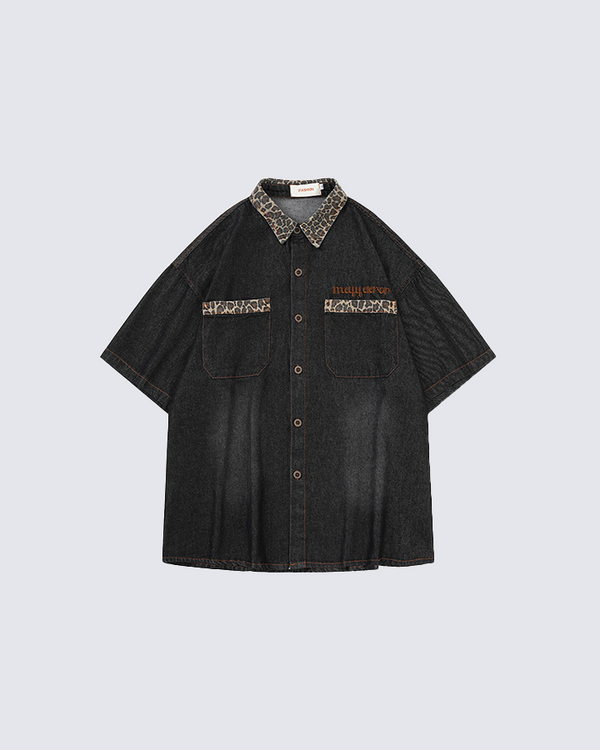 Leopard Collar Denim Shirt - Boyue Original Design