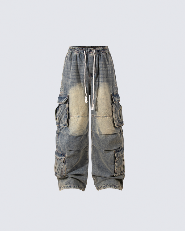 Washed Denim Multi-Pocket Cargo Pants